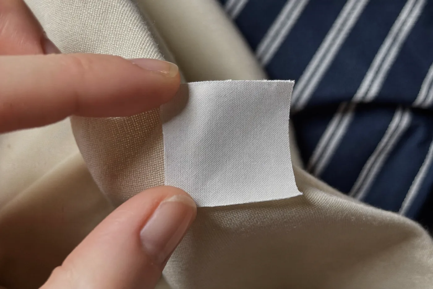 Étiquette textile vierge tenue entre deux doigts, là où figure le numéro de certificat Oeko-Tex à vérifier