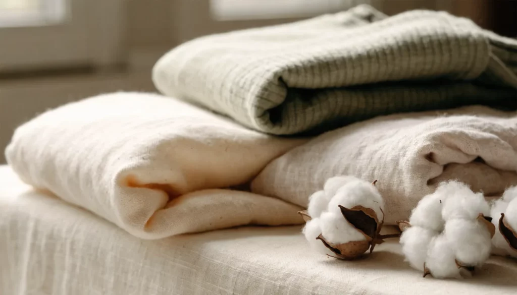 Vêtements pliés en coton biologique aux tons écru et vert sauge, posés près de bourres de coton brut, dans une lumière naturelle douce