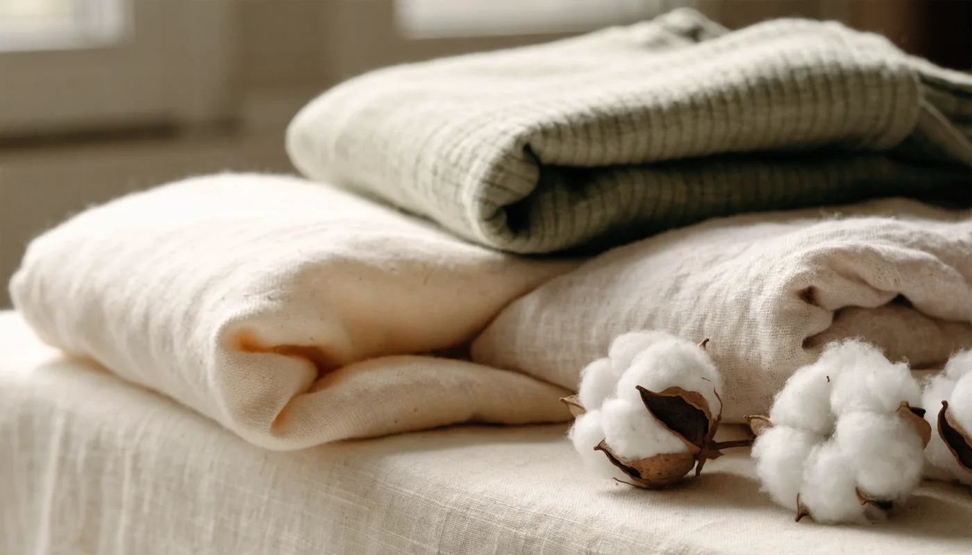 Vêtements pliés en coton biologique aux tons écru et vert sauge, posés près de bourres de coton brut, dans une lumière naturelle douce
