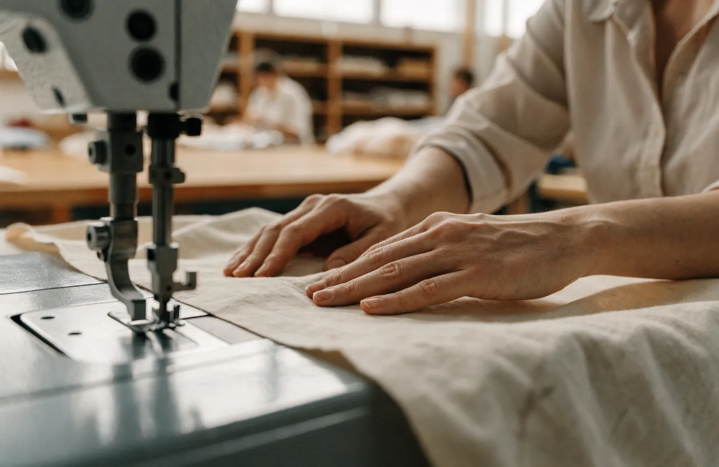 Mains d'une couturière guidant un tissu de coton naturel sous une machine à coudre dans un atelier de confection