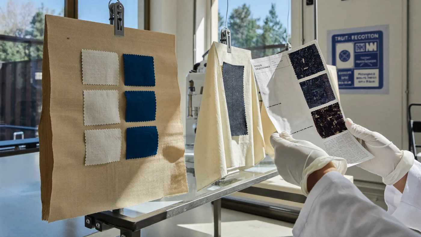 Échantillons de tissus écru et bleu marine inspectés en laboratoire de contrôle textile, illustration des tests du label Oeko-Tex