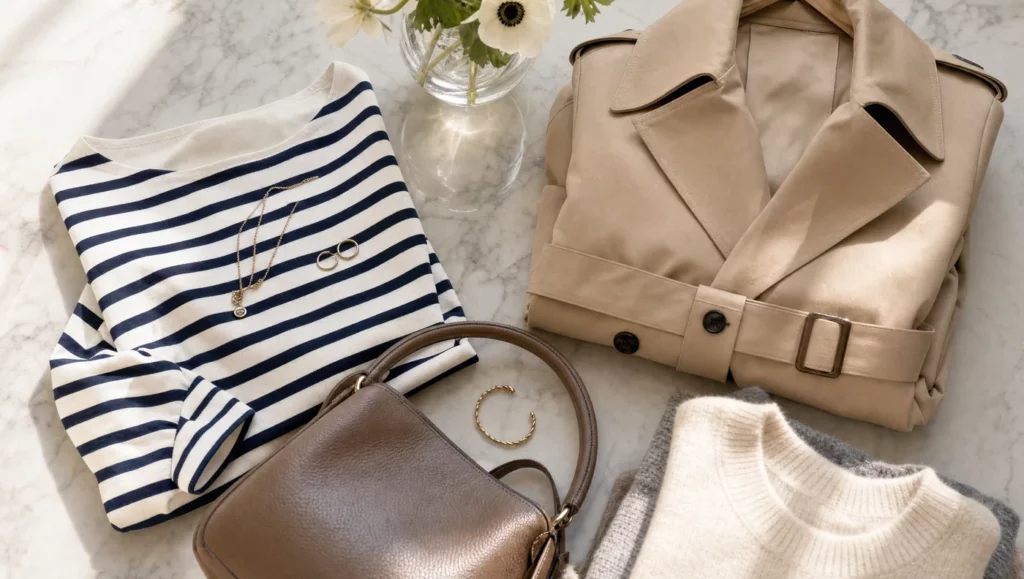 Sélection de pièces de mode françaises posées à plat : marinière, trench beige, maille et petite maroquinerie.