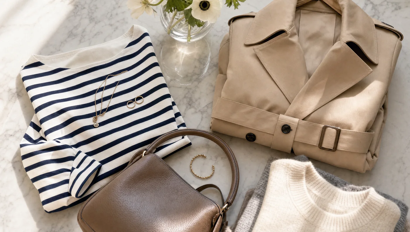 Sélection de pièces de mode françaises posées à plat : marinière, trench beige, maille et petite maroquinerie.