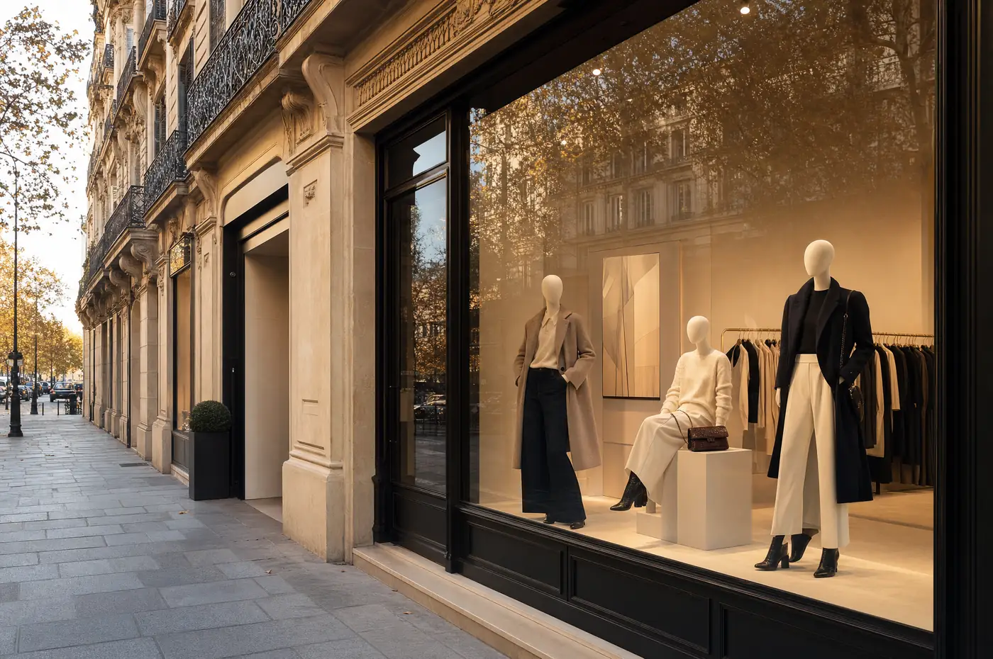 Vitrine d'une boutique de prêt-à-porter parisienne en fin d'après-midi.