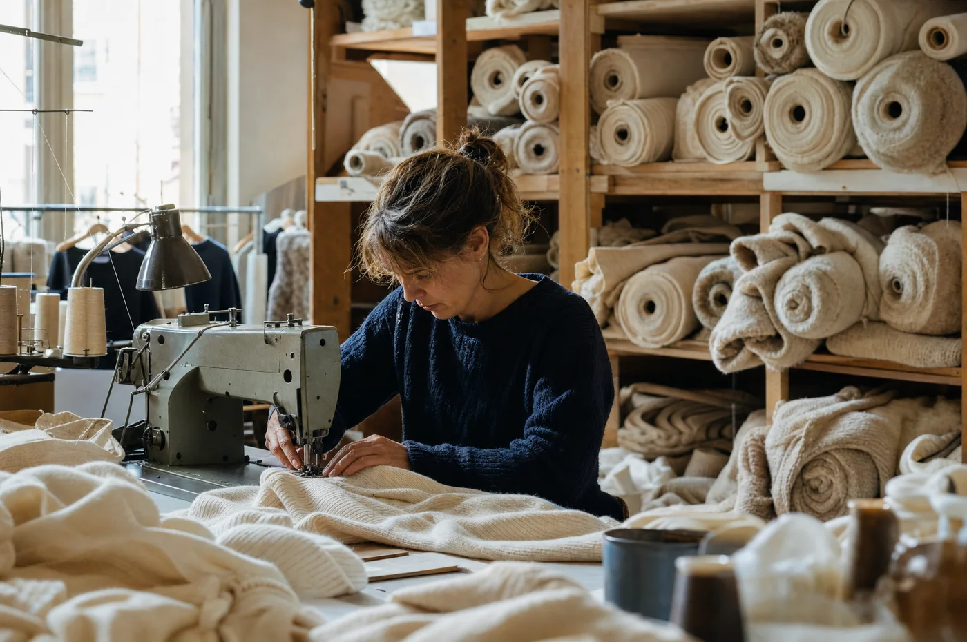 Couturière assemblant un vêtement en maille dans un atelier de confection français.