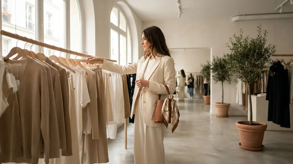 Une femme parcourt un portant de vetements dans une boutique francaise lumineuse