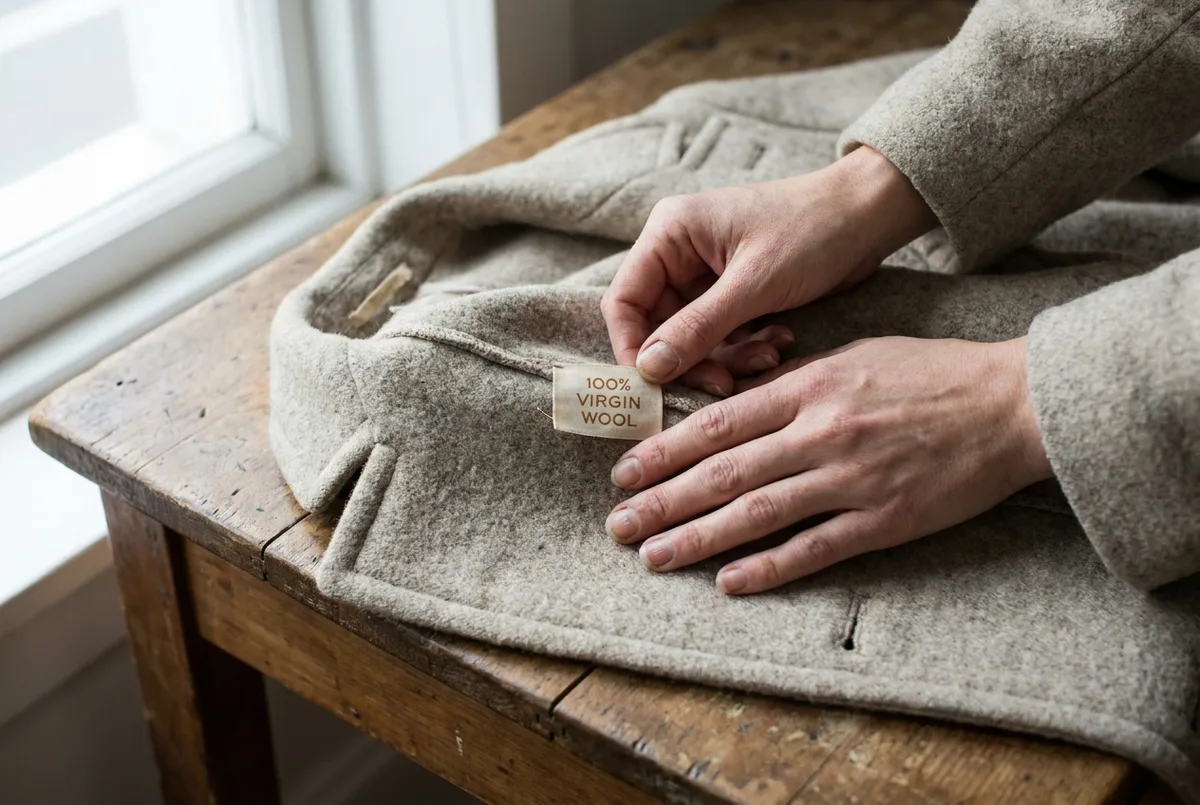 Des mains examinent les coutures et l'étiquette de composition d'un manteau en laine