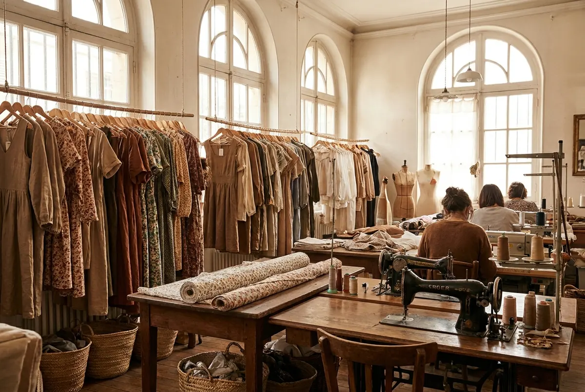 Robes et blouses sur portants dans un atelier de couture français dédié au made in France