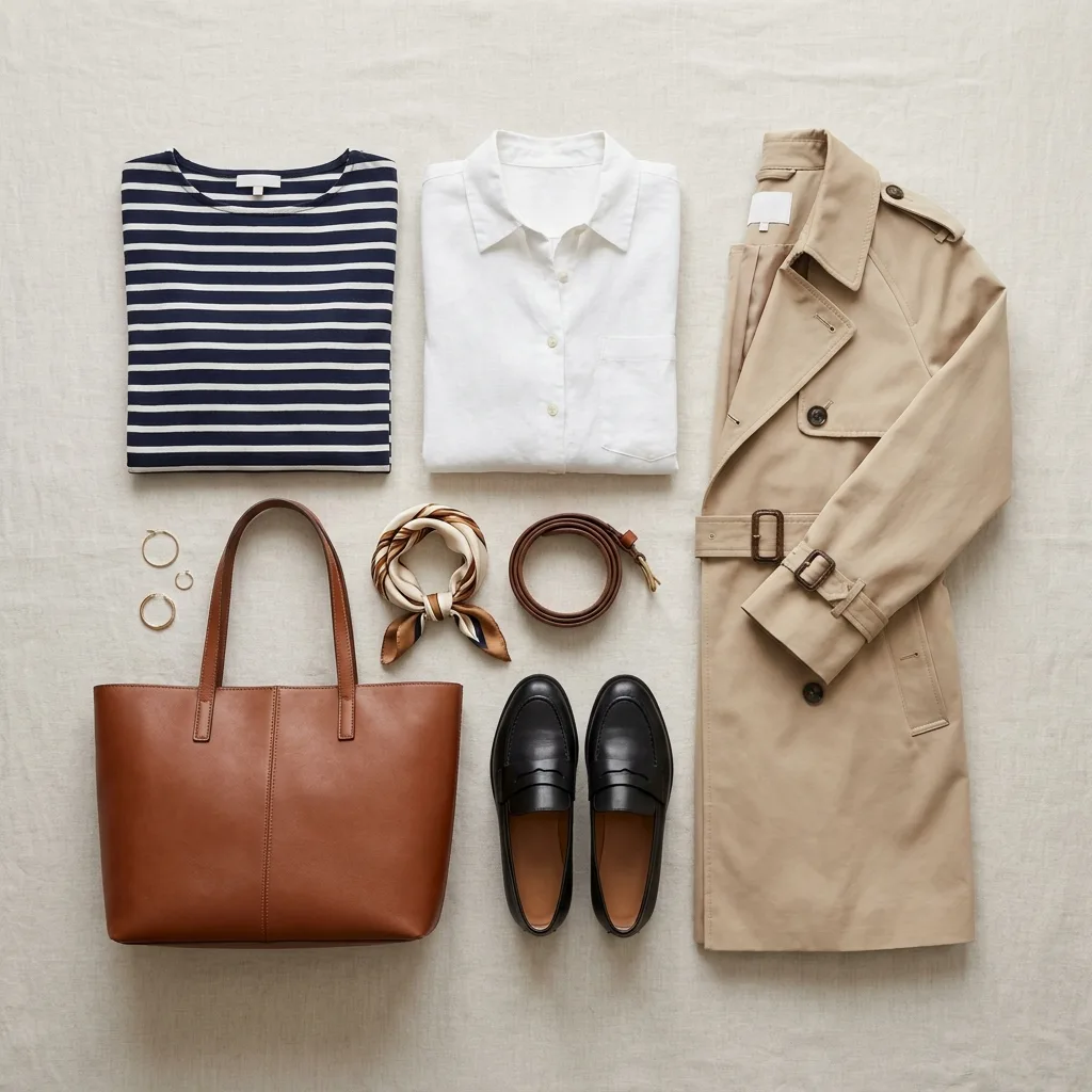 Pièces d'une garde-robe capsule femme disposées à plat : marinière, blouse en lin, trench et sac en cuir
