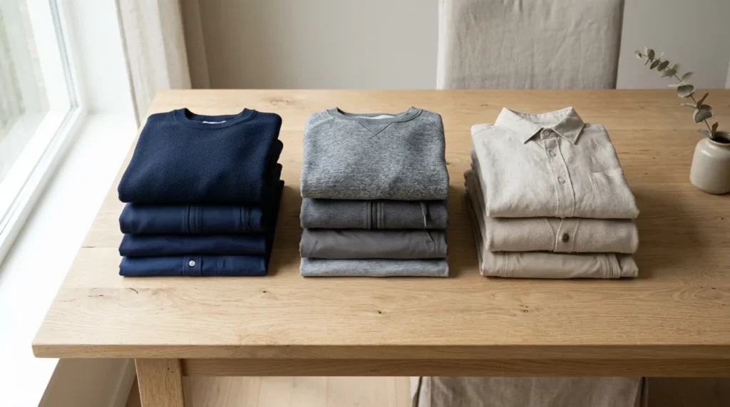 Vêtements en polyester pliés et empilés sur une table en bois