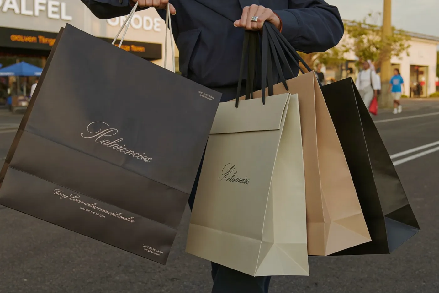 Sacs de shopping en papier tenus à la main après une session d'achats dans un village de marques