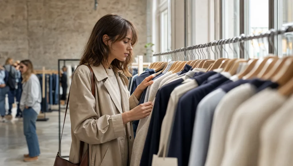 Cliente comparant des vetements de marque sur un portant dans un magasin d'usine lumineux