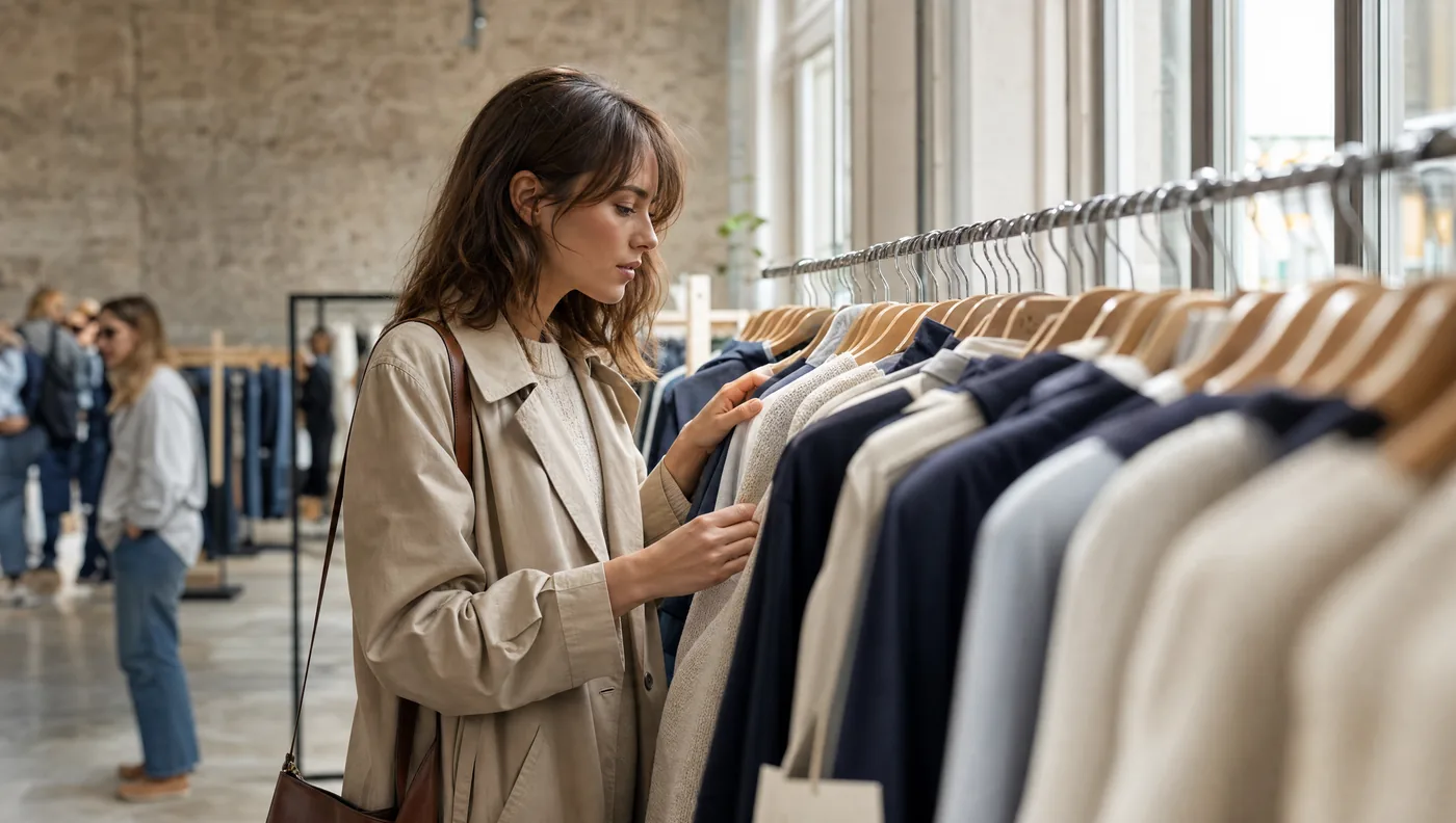 Cliente comparant des vetements de marque sur un portant dans un magasin d'usine