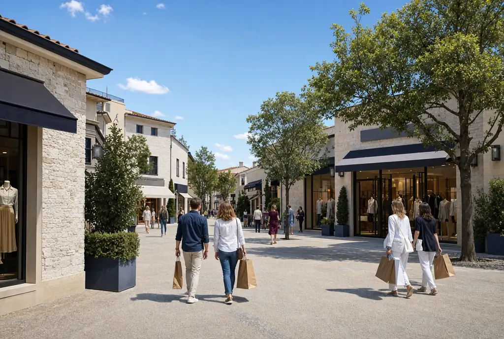 Allees d'un village de marques en France avec des boutiques outlet un jour ensoleille