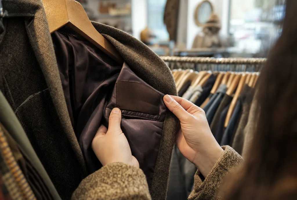 Mains verifiant l'etiquette et les coutures d'une veste de marque en friperie