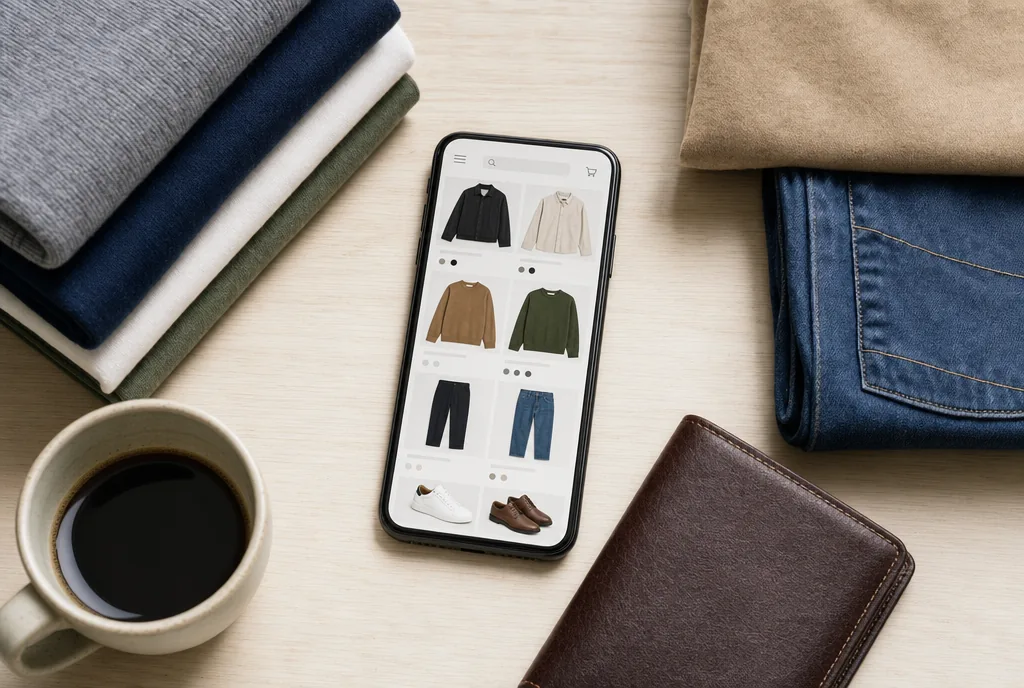 Smartphone affichant une vente privee de vetements pose pres de vetements plies