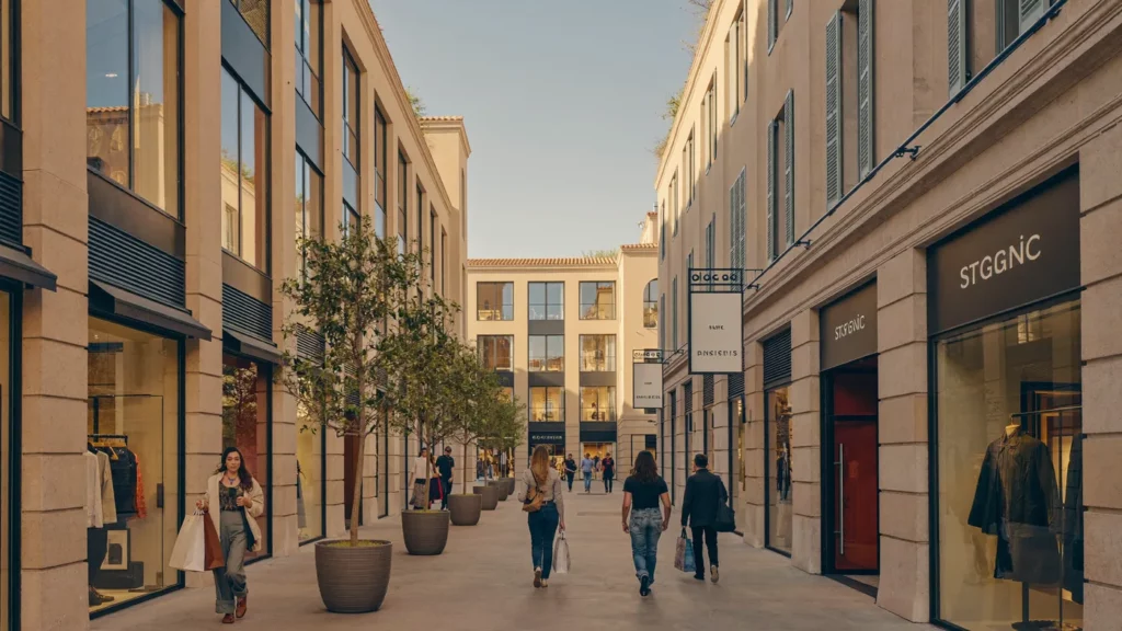 Allée piétonne d'un village de marques en France avec boutiques et visiteurs, architecture provençale
