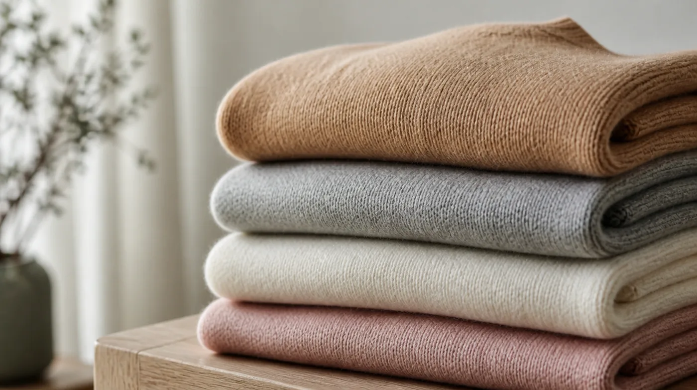 Pulls en cachemire aux teintes naturelles pliés sur une table en bois clair