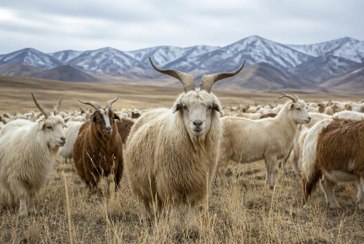 Chèvres cachemire au duvet hivernal sur un haut plateau mongol balayé par le froid