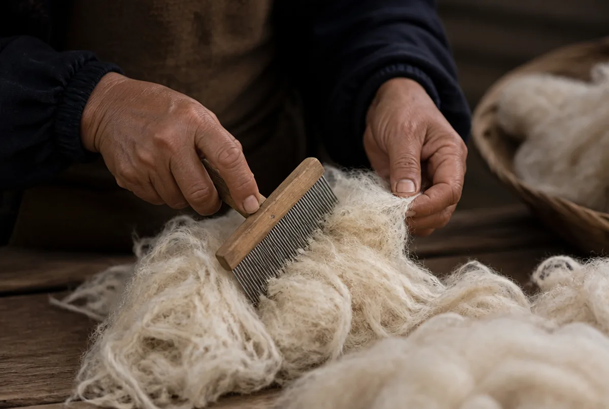 Mains triant et peignant le duvet brut de cachemire sur un établi en bois