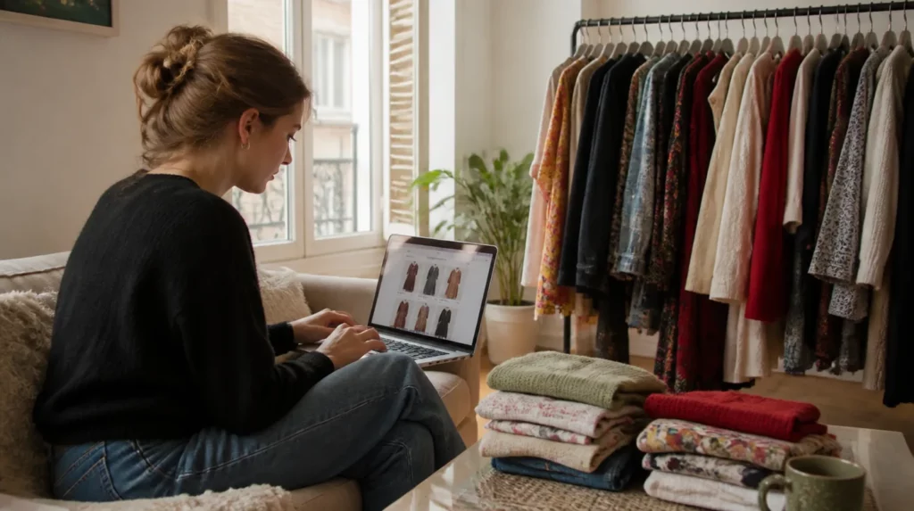 Une femme installée sur son canapé parcourt une boutique de vêtements de seconde main sur son ordinateur portable, un portant de pièces vintage à côté d'elle.