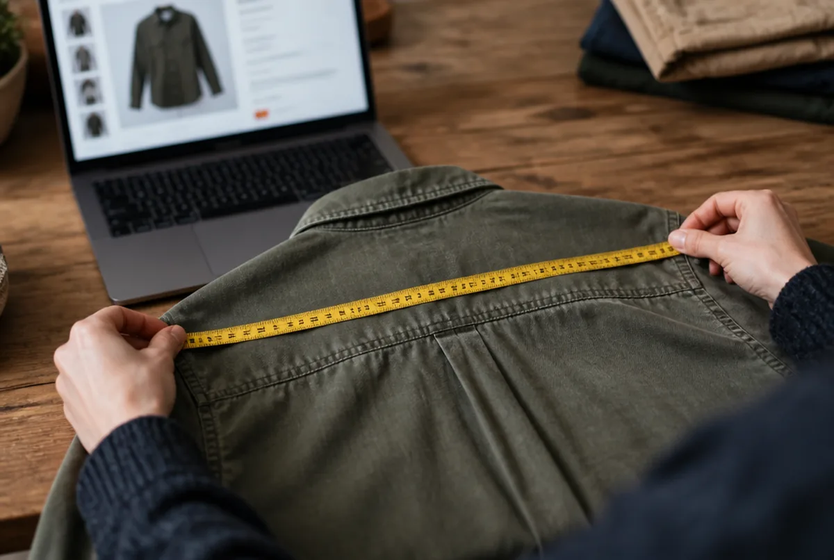 Deux mains mesurent au mètre ruban une chemise d'occasion à côté d'un ordinateur portable.