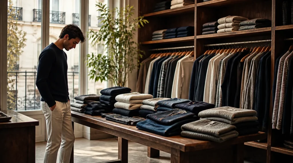 Boutique de mode masculine francaise presentant pulls, chemises et jeans sur des portants en bois