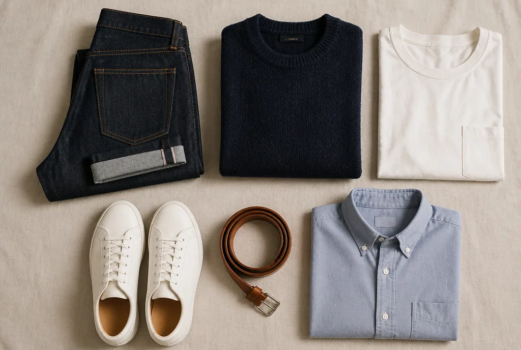 Garde-robe capsule homme à plat : jean brut, pull marine, t-shirt blanc, chemise oxford et sneakers en cuir