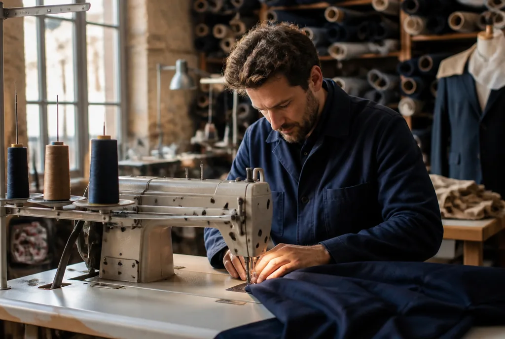 Couturier dans un atelier textile français assemblant un vêtement homme sur une machine à coudre industrielle