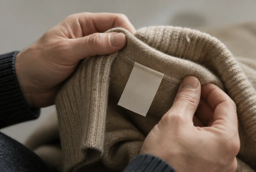 Mains d'un homme inspectant la couture intérieure et l'étiquette de composition d'un pull en laine
