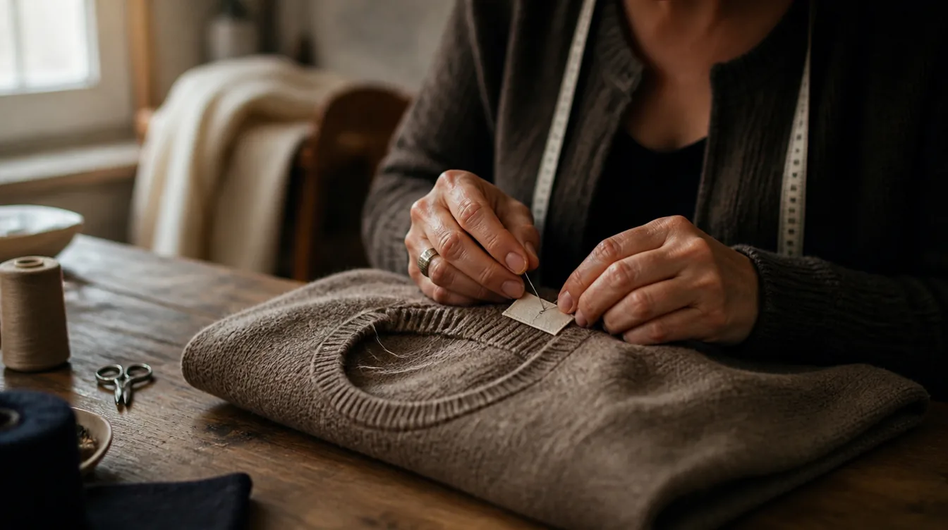 Mains d'une couturière cousant une étiquette tissée sur un pull en laine dans un atelier français