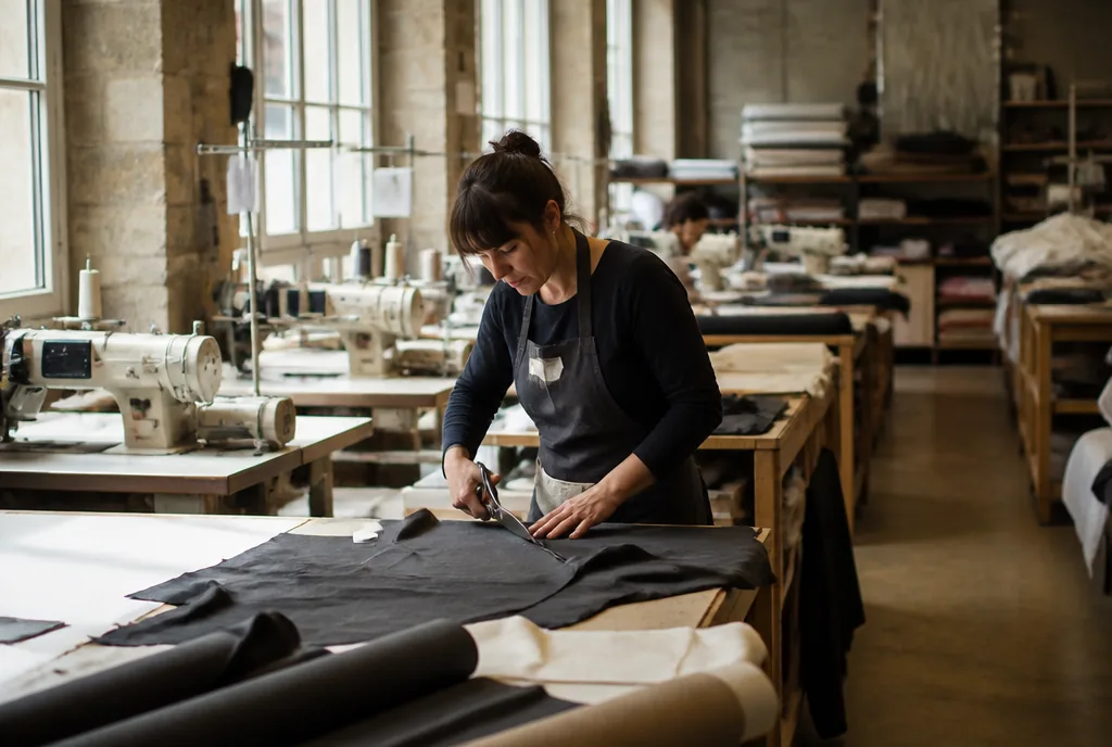 Atelier textile français avec machines à coudre industrielles et rouleaux de tissu, une personne découpe le tissu