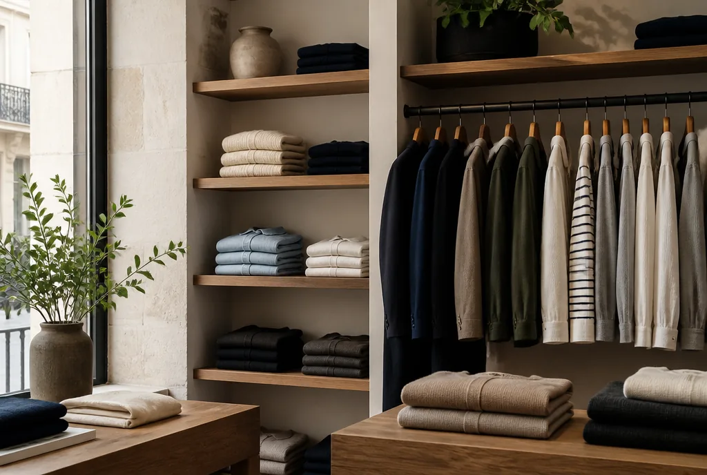 Portant et étagères en bois d'une boutique de mode française avec mailles et chemises pliées
