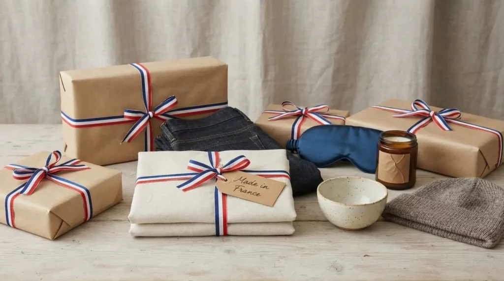 Cadeaux fabriqués en France emballés dans du papier kraft et un ruban bleu blanc rouge : draps en lin, jean brut, masque de nuit en soie, bougie et bonnet en laine sur une table en bois