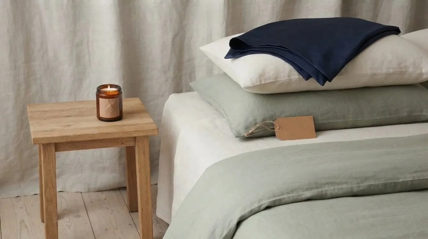 Coin de lit avec des draps en lin lavé écru et sauge, une taie en soie bleu nuit pliée, une petite étiquette cadeau en kraft et une bougie en verre ambré sur la table de chevet