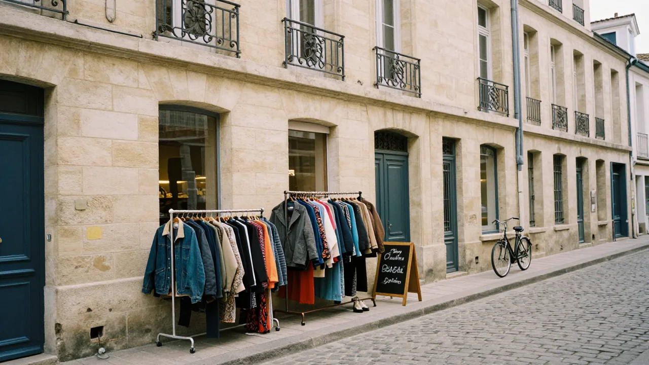 Portants de vestes et de robes de seconde main sortis sur le trottoir devant une friperie, façades en pierre blonde et balcons en fer forgé d'une rue pavée du centre de Bordeaux