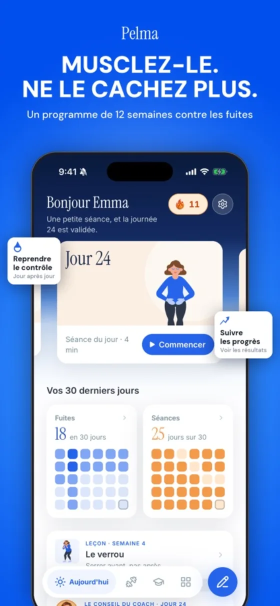 Écran d’accueil de l’application Pelma avec la séance du jour et le suivi des fuites, sous le titre « Musclez-le, ne le cachez plus »