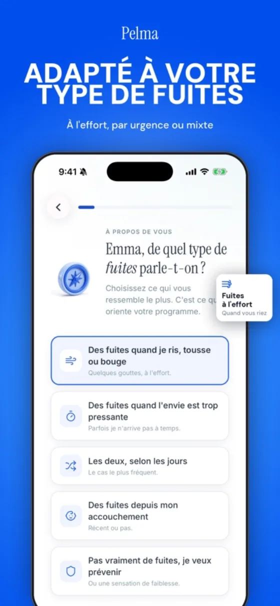 Écran du test Pelma qui demande dans quelles situations surviennent les fuites urinaires : effort, urgence ou les deux
