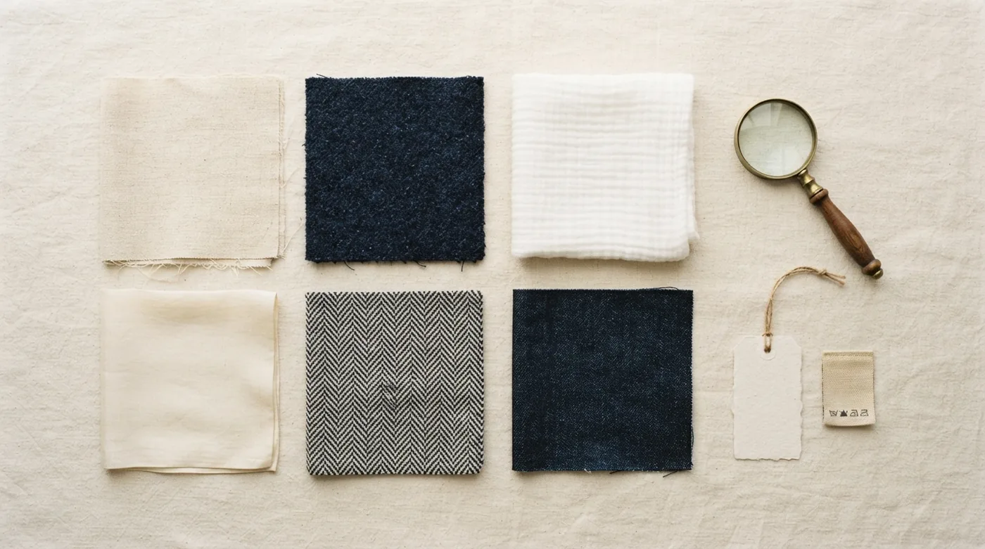 Échantillons de tissus alignés sur du lin écru : coton, laine bleu marine, gaze, chevrons, denim, avec une loupe et une étiquette de composition