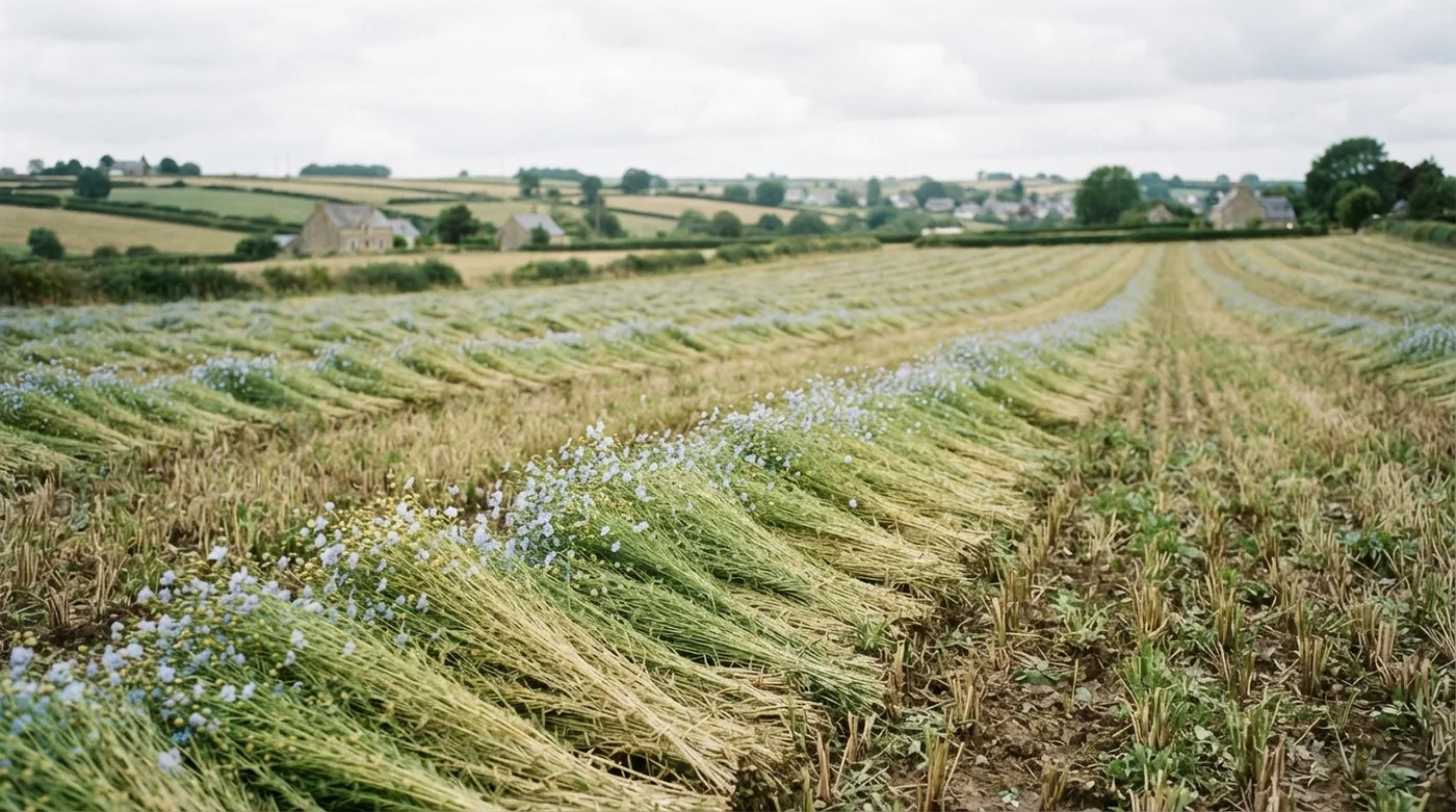 Champ de lin en Normandie à la récolte, tiges couchées en andains pour le rouissage, petites fleurs bleues, ciel voilé