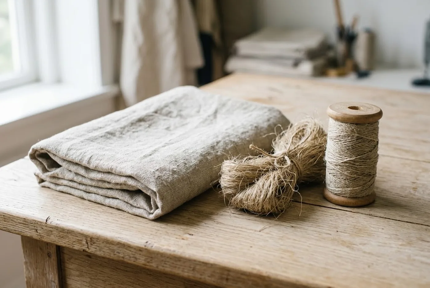 Pièce de lin lavé écru pliée à côté d'une poignée de fibres de lin brutes et d'une bobine de fil de lin, sur une table en bois