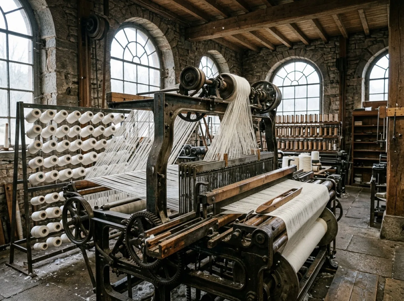 Métier à tisser en action dans un atelier textile vosgien, fils de coton blanc tendus en chaîne et bobines alignées