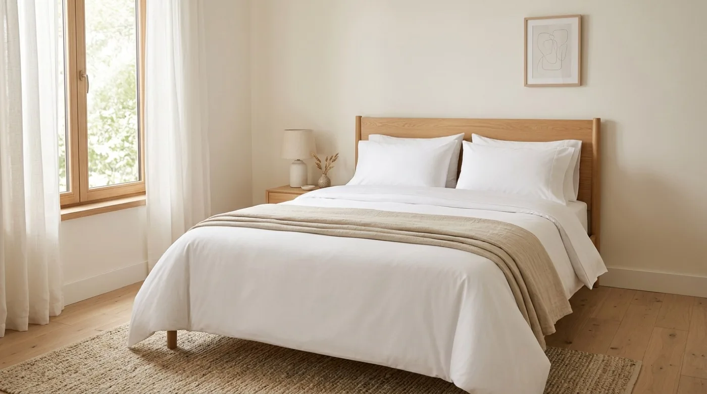 Linge de lit made in France : parure en percale de coton blanche et plaid en lin lavé sur un lit dans une chambre claire
