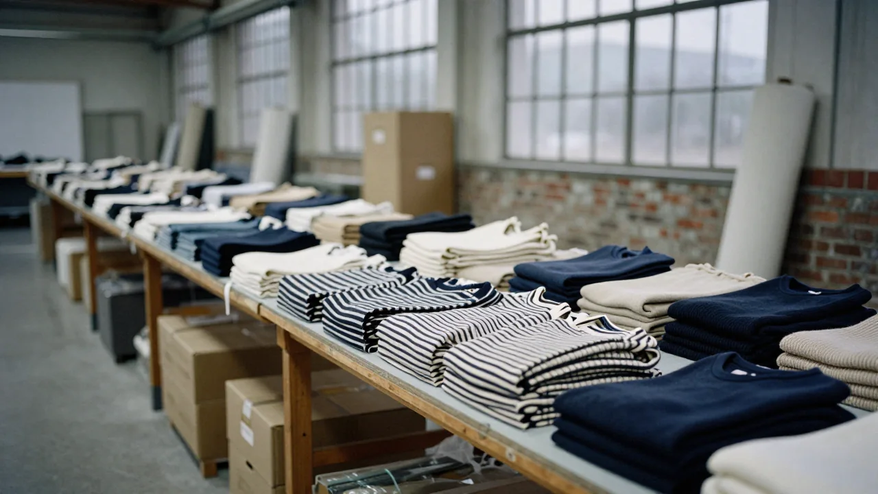 Piles de marinières, de pulls marins et de tricots écrus sur une longue table en bois dans le magasin d'usine d'une filature, cartons empilés et verrière industrielle