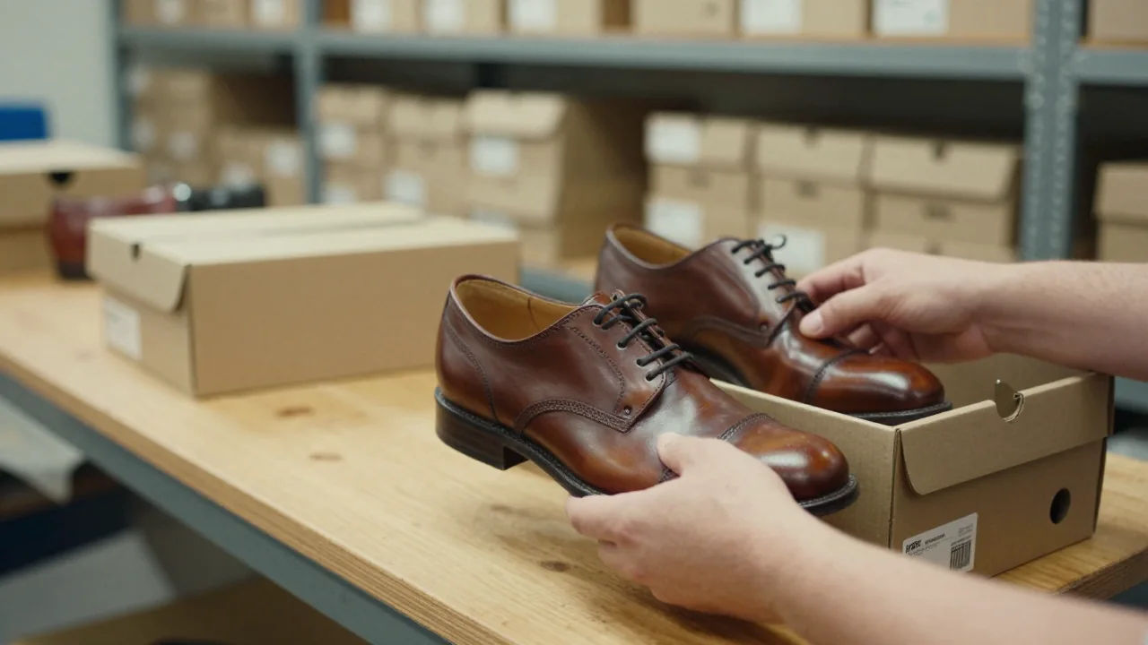 Une main examine à la lumière le cuir d'une derby marron pour repérer un défaut de second choix, boîte à chaussures ouverte et rayonnages de cartons en arrière-plan