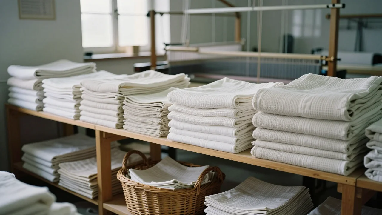 Piles de nappes jacquard et de linge de lit blanc et écru rangées sur des étagères en bois clair dans la boutique d'usine d'un tisseur vosgien