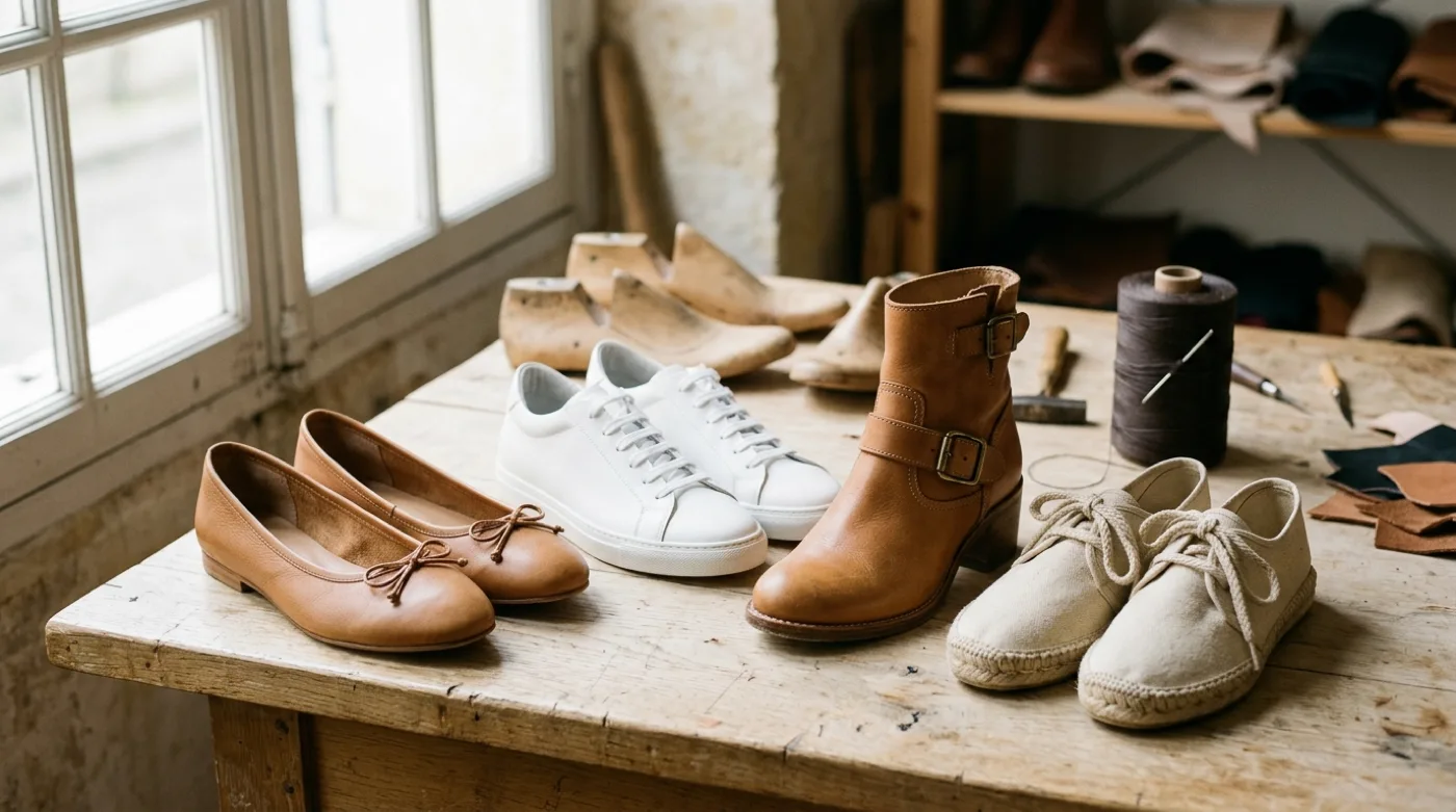 Ballerines en cuir, basket blanche, bottine à talon et espadrille posées sur l'établi en bois d'un atelier de chausseur, avec formes et bobine de fil en arrière-plan