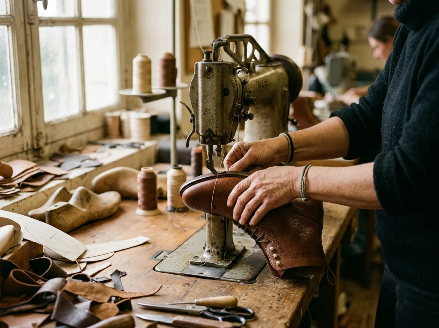 Les mains d'une piqueuse assemblent la tige en cuir d'une bottine femme sur une machine à coudre d'atelier, entourée de chutes de cuir et de formes en bois