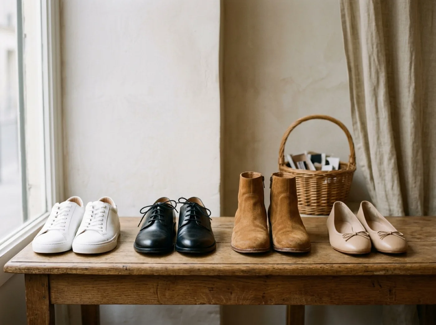 Baskets blanches en cuir, derbies noirs, bottines en croûte de cuir camel et ballerines beiges alignées sur une table en bois près de la vitrine d'une boutique