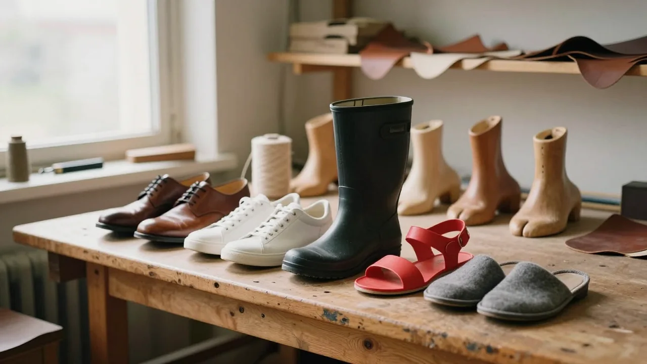 Une derby en cuir, une basket blanche, une botte en caoutchouc, une sandale en plastique rouge et un chausson en feutre alignés sur l'établi d'un atelier de chausseur, devant des formes en bois